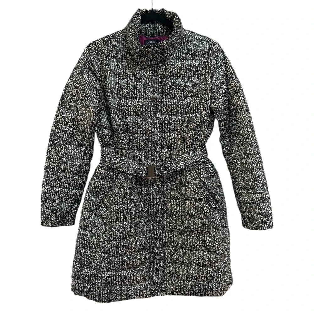 Lands End Quilted Down Feather Puffer Coat Belted‎ Print Full Zip Women's XS